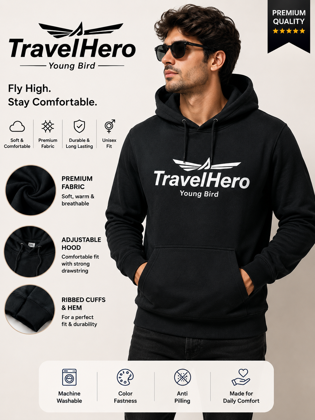 Man black TravelHero Premium Cotton Hoodie – Black Unisex Hoodie - Image 1