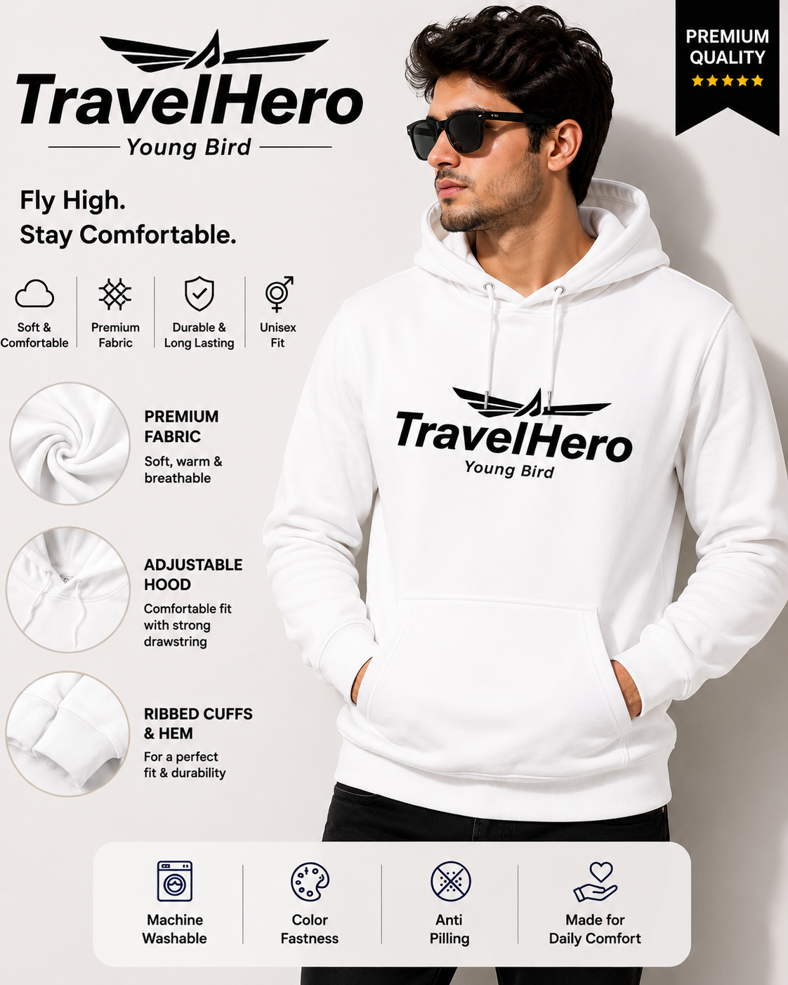white man TravelHero Premium Cotton Hoodie – White Unisex Hoodie - Image 1